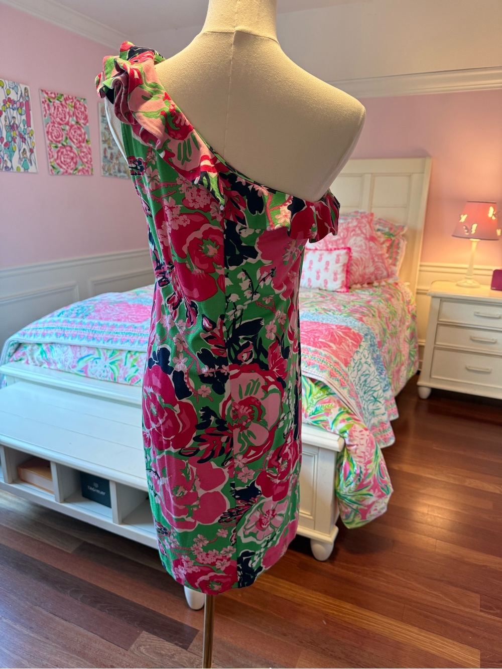 Lilly Pulitzer One-Shoulder Ruffle Floral Dress in Pink and Green - Picture 4 of 5
